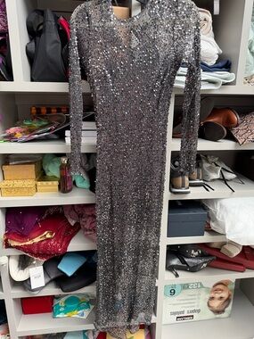 H&M Silver Sequin Long Sleeve Maxi Dress